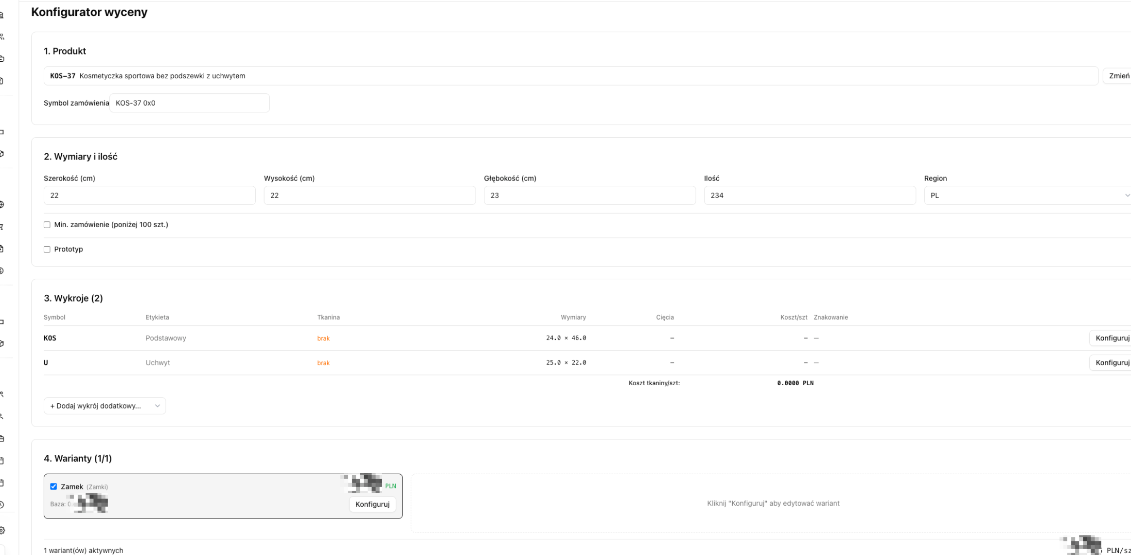 The quote configurator showing a product being built step by step - fabric, print, add-ons, and the final calculated price.