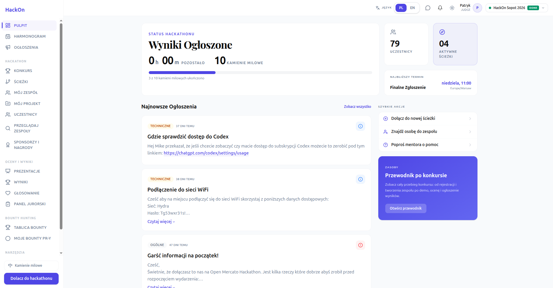 Participant dashboard with hackathon countdown and announcements