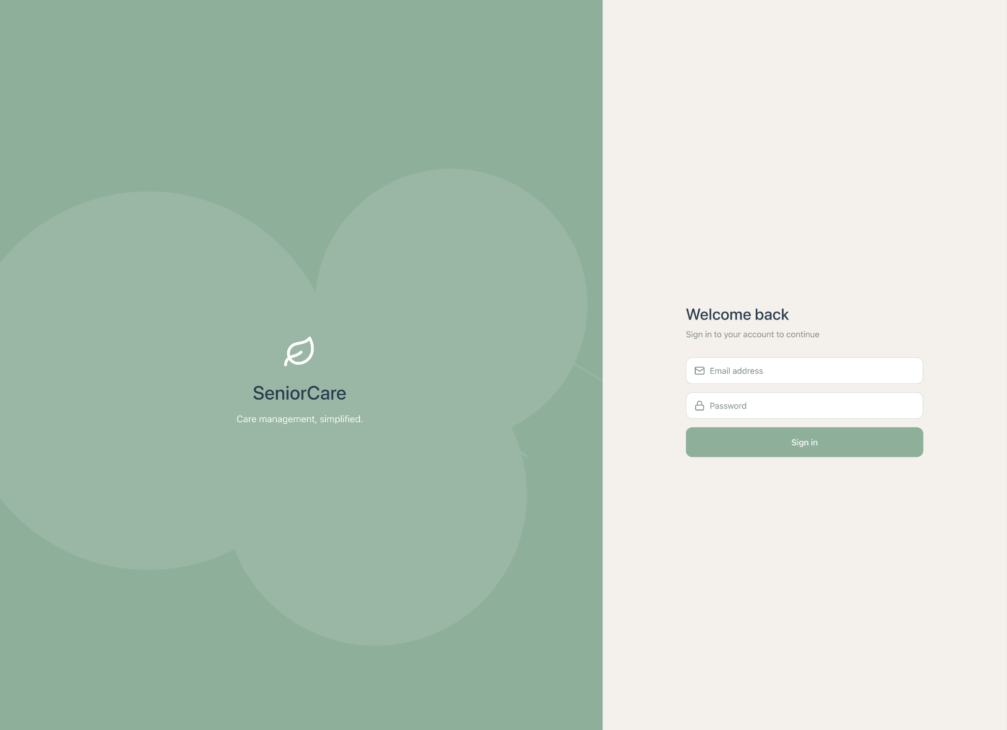 Senior Care login screen with email and password fields