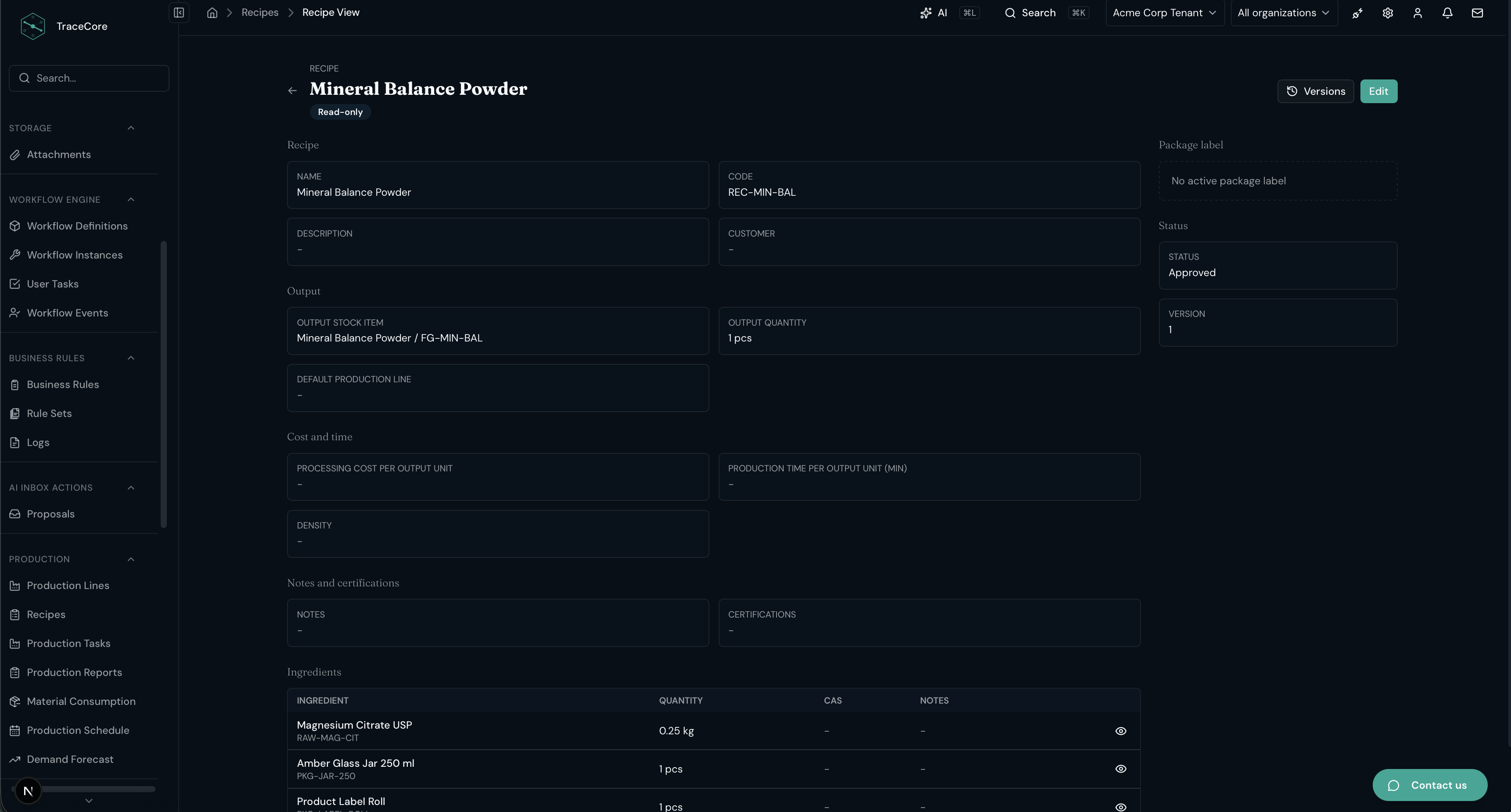 TraceCore recipe module view.