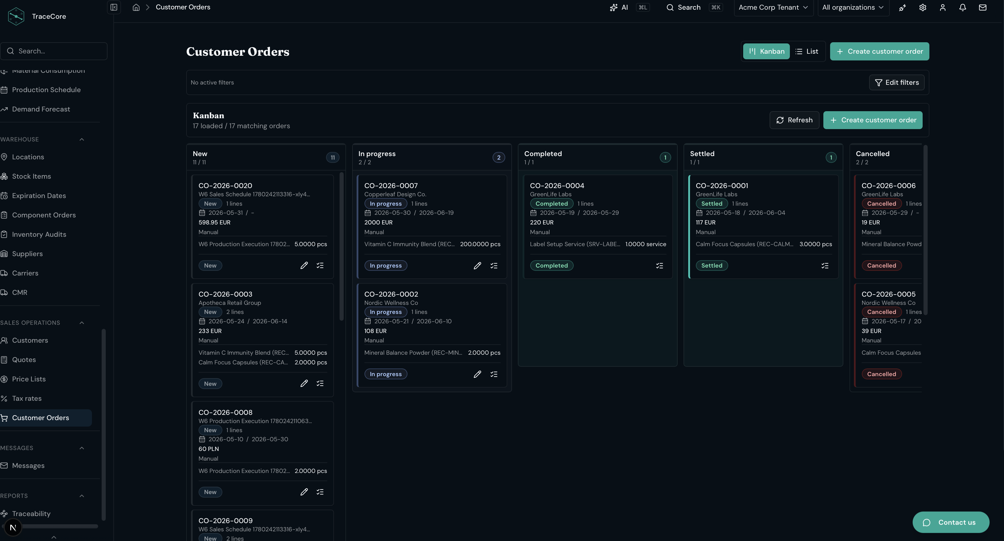 TraceCore customer orders module with kanban board.